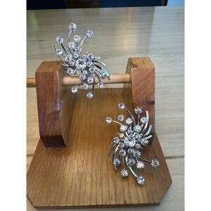 Vintage EMJ Emmons Silver Tone Mid Century Pinwheel Rhinestone Clip On Earrings